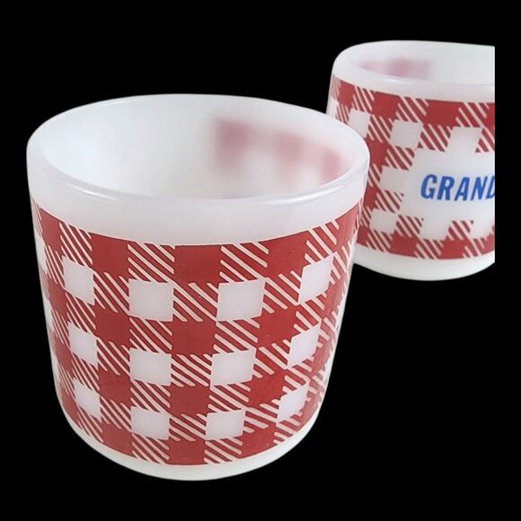 Westfield Federal White Milk Glass Red? White Checked Grandpa / Grandma Mugs - Picture 3 of 6